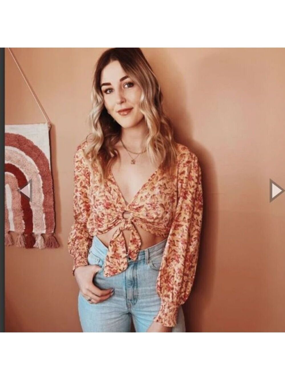 Band of the Free Bay Tie Front Crop Long Sleeve Floral Top Sz XS